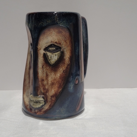 Vintage Mara Mexico stonewear Lg Mug blue Aztec tribal face signed - Picture 2 of 9